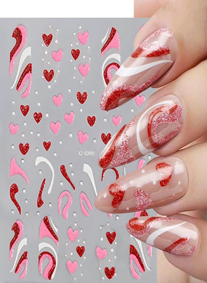 KTAABTR 6 Sheets Red Pink Glitter Hearts Nail Art Stickers 3D Self-Adhesive Valentine's Day Heart Bow Nail Stickers Stripe Star Design Nail Decals for Women Manicure Supplies Valentines Nail Decoration - Image 3